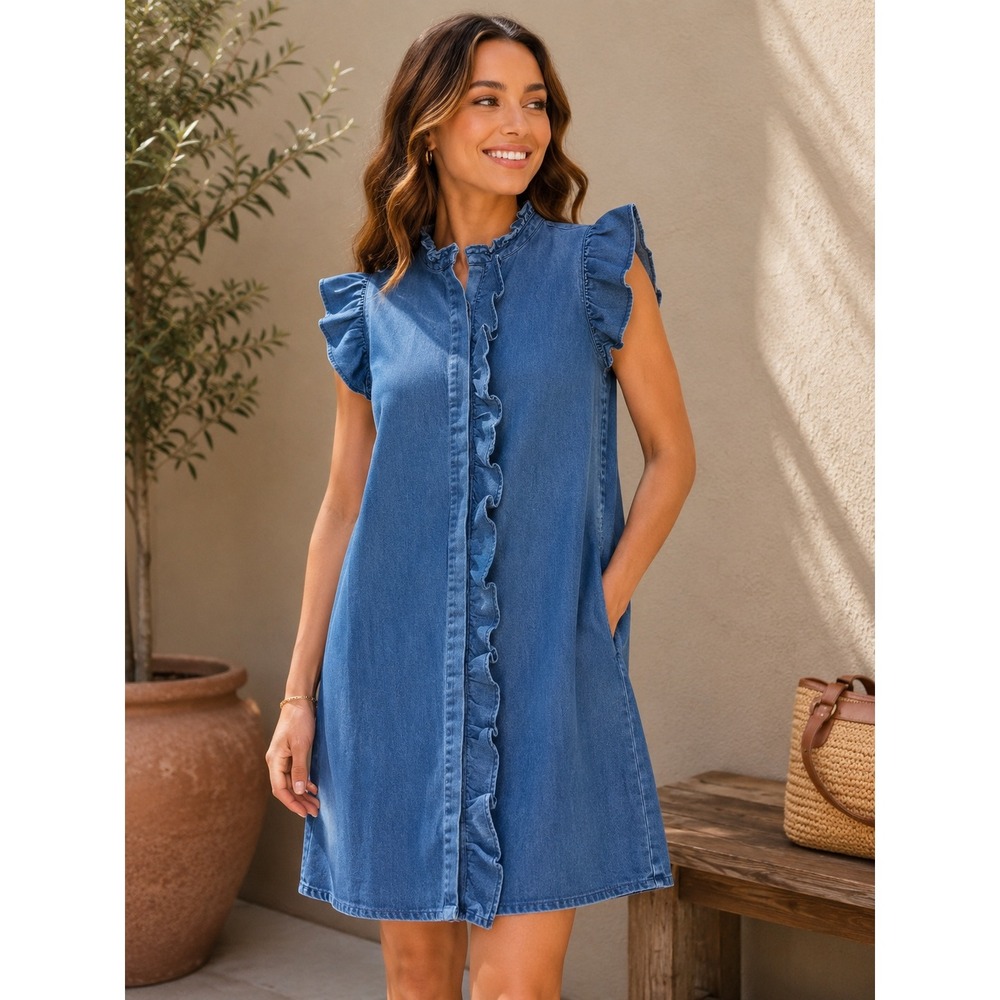 Mazik Cottagecore Blue Denim Ruffle Sleeve Shift‎ Dress MK5338 S Western Boho